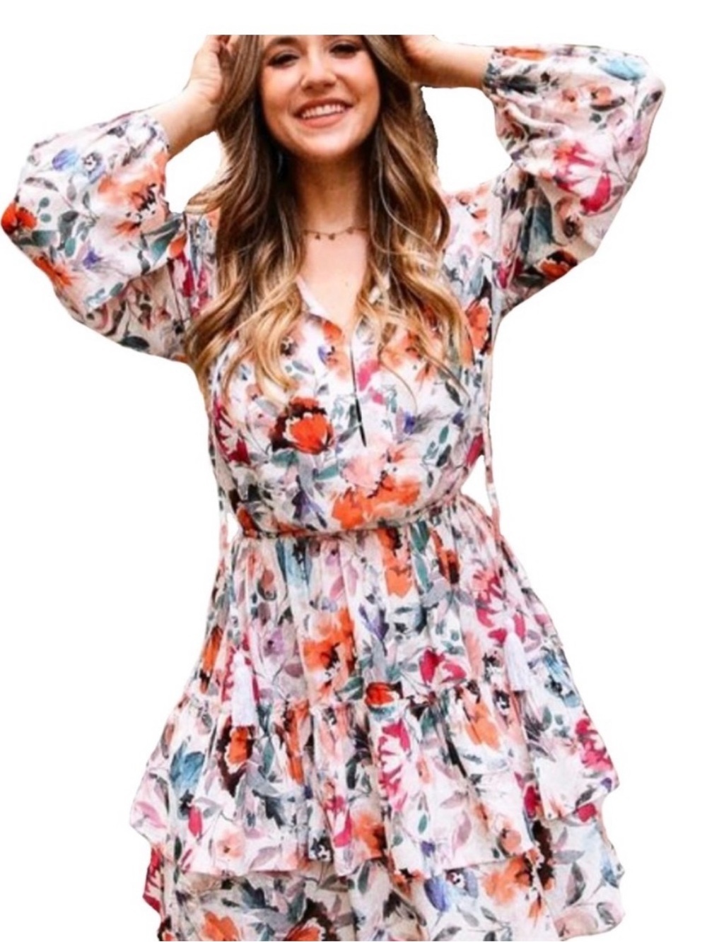 Shore Boutique Boho tropical floral print  puff sleeves & tiered ruffle design S
